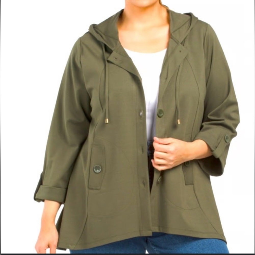 Christian Siriano Women’s Hooded‎ Swing Jacket Button Front Olive Green Size 1X